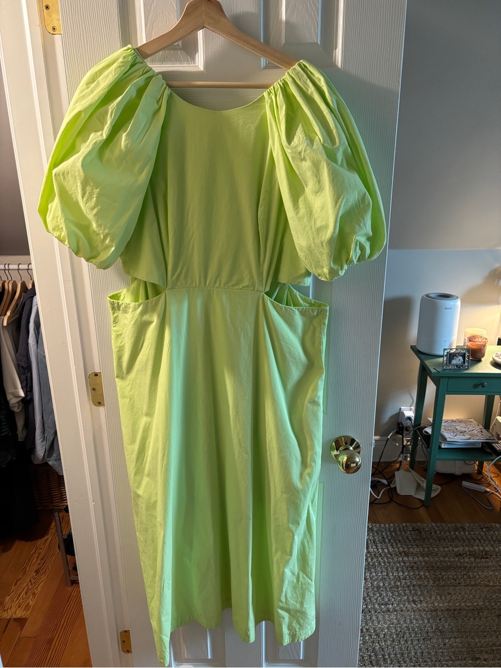 Anthropologie Lime Green sundress with cut outs at waist.